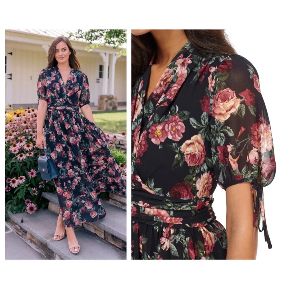 Gal Meets Glam Ashlyn Chiffon Dress Floral Maxi Fit & Flare Size 8 P Petite - Picture 2 of 8